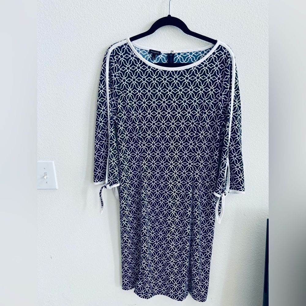 TALBOTS Navy Blue Flowers with White Trim 3/4 Sleeve Midi Dress Tie Sleeves L